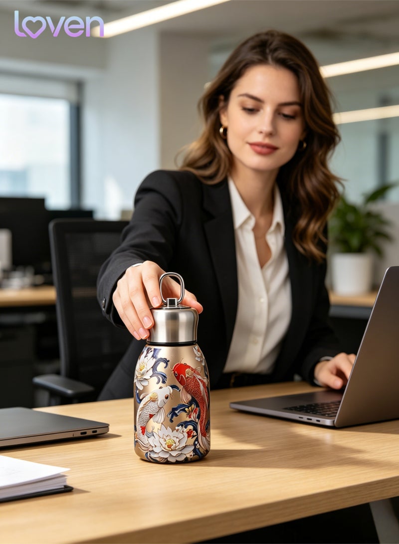 loven Chinese-style portable insulated stainless steel water bottle, 300ml, suitable for hot and cold drinks, with hanging loop. Ideal for outdoor camping, hiking, and office use. - Image 5