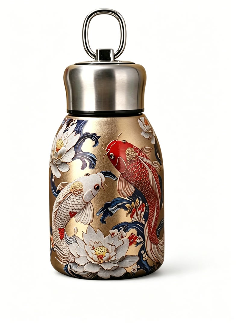 loven Chinese-style portable insulated stainless steel water bottle, 300ml, suitable for hot and cold drinks, with hanging loop. Ideal for outdoor camping, hiking, and office use. - Image 1