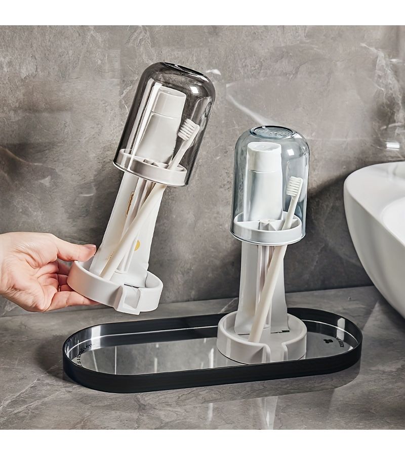 Transparent Blue ABS Bathroom Organizer Wall Shelf With Toothbrush Cup Holder - Image 2