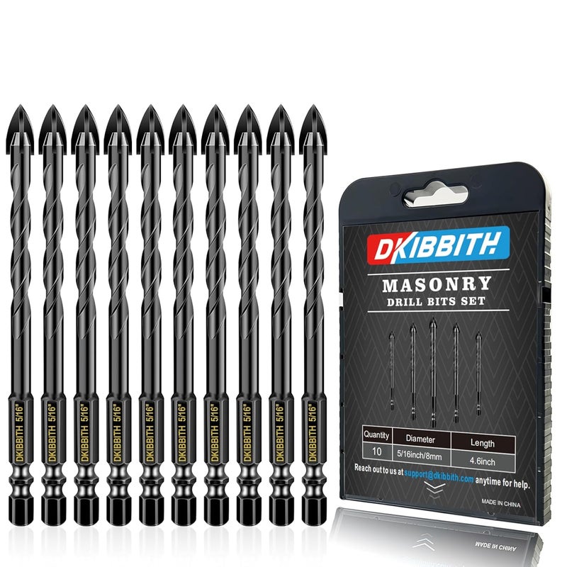 DKIBBITH 10 Pcs 5/16" Masonry Concrete Drill Bit Set for Tile Brick Glass Plastic Wood, Cross Tungsten Carbide Tip, Hex Shank, Work with Ceramic Porcelain Tile Wall Mirror Paver, 5/16 Inch Drill Bits, 8mm - Image 1