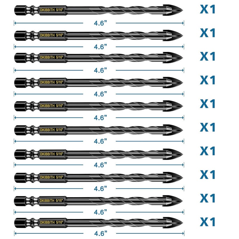 DKIBBITH 10 Pcs 5/16" Masonry Concrete Drill Bit Set for Tile Brick Glass Plastic Wood, Cross Tungsten Carbide Tip, Hex Shank, Work with Ceramic Porcelain Tile Wall Mirror Paver, 5/16 Inch Drill Bits, 8mm - Image 2