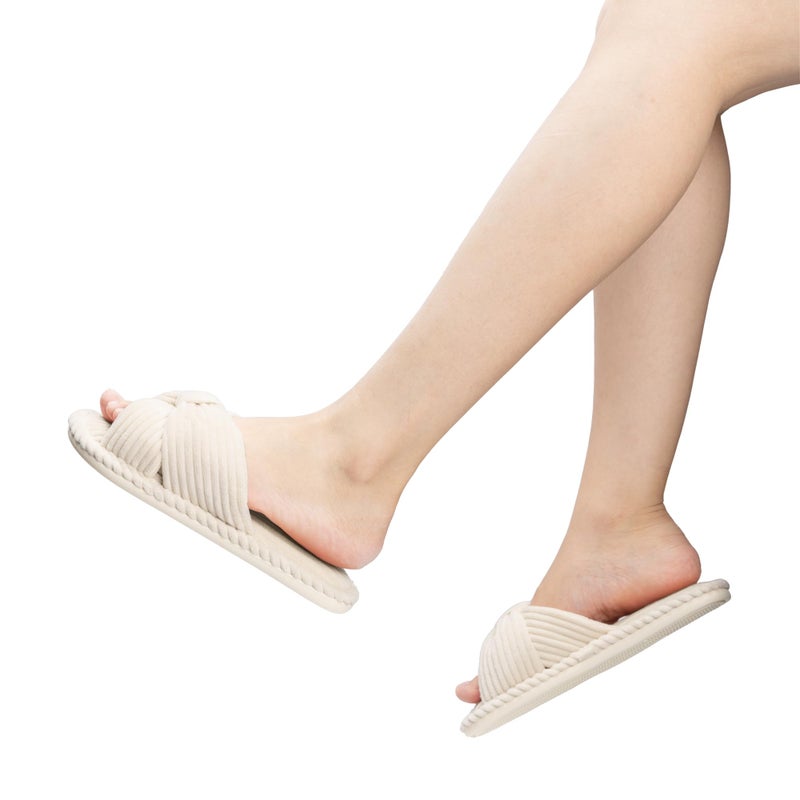 Chantomoo Slippers for Women Memory Foam House Womens Slipper Slides Home Bedroom Bathroom Spa Open Toe Corduroy Bow Slippers Cozy Comfortable Beige White Size 7 7.5 8 8.5 - Image 2