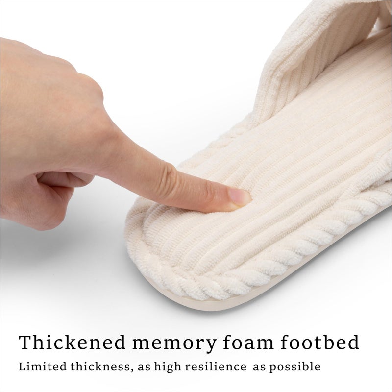 Chantomoo Slippers for Women Memory Foam House Womens Slipper Slides Home Bedroom Bathroom Spa Open Toe Corduroy Bow Slippers Cozy Comfortable Beige White Size 7 7.5 8 8.5 - Image 3