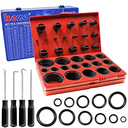 KEZE 826 Pcs Universal SAE and Metric O-Rings Kit,Standard 32 Metric & Inch Sizes O ring Assortment in 2 Box with 4 Piece Pick and Hook for Automotive Faucet Hydraulics Hose Air and Gas Sealing Repair - Image 1