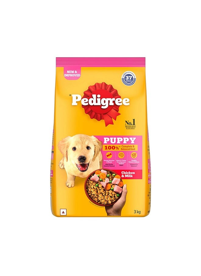 Pedigree Puppy Dry Dog Food, Chicken & Milk, 3 Kg, Contains 37 Essential Nutrients, 100% Complete & Balanced Food For Puppies  - Image 1