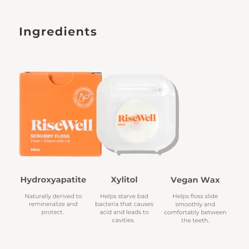 RiseWell Scrubby Tooth Floss - Natural PFAS Free Dental Floss for Teeth with Hydroxyapatite and Xylitol - Dentist-Formulated for Plaque Removal - Vegan, Natural, Expanding, Mint Waxed, 30 Yards - Image 3