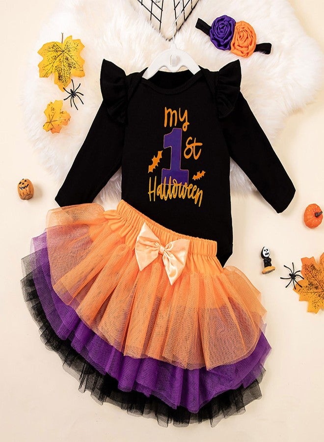 Kunyeah 3Pcs Baby Girl First Halloween Outfit Infant Romper Dress Bow Tutu Skirt with Headband Newborn Thanksgiving Bodysuit (My First, 9-12Months) - Image 5