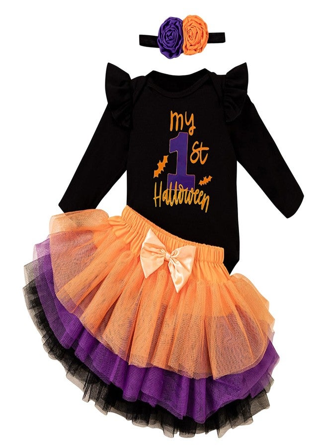 Kunyeah 3Pcs Baby Girl First Halloween Outfit Infant Romper Dress Bow Tutu Skirt with Headband Newborn Thanksgiving Bodysuit (My First, 9-12Months) - Image 1