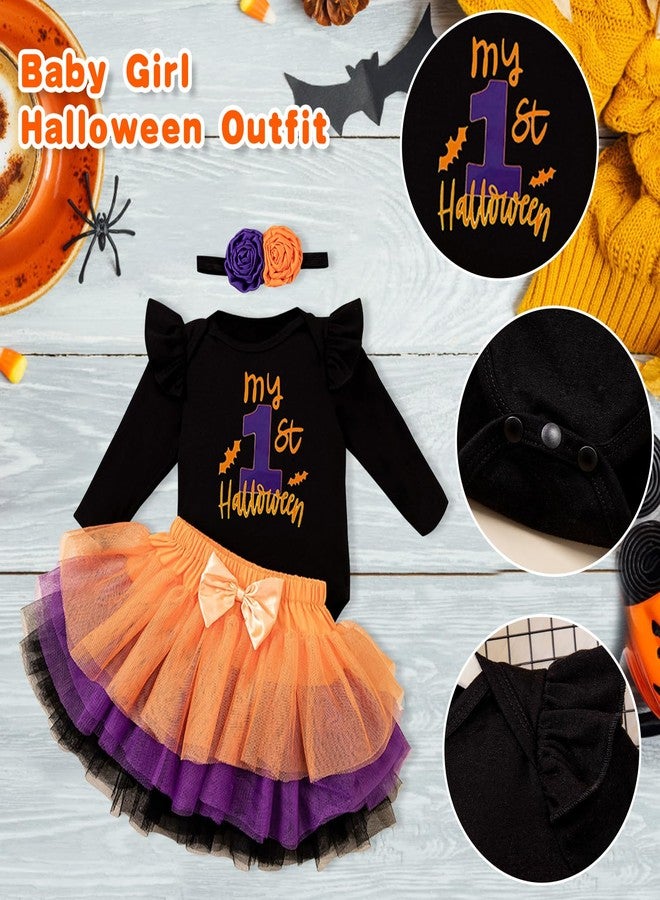 Kunyeah 3Pcs Baby Girl First Halloween Outfit Infant Romper Dress Bow Tutu Skirt with Headband Newborn Thanksgiving Bodysuit (My First, 9-12Months) - Image 2