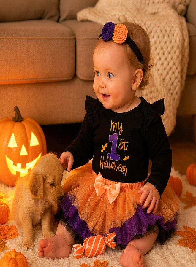 Kunyeah 3Pcs Baby Girl First Halloween Outfit Infant Romper Dress Bow Tutu Skirt with Headband Newborn Thanksgiving Bodysuit (My First, 9-12Months) - Image 4