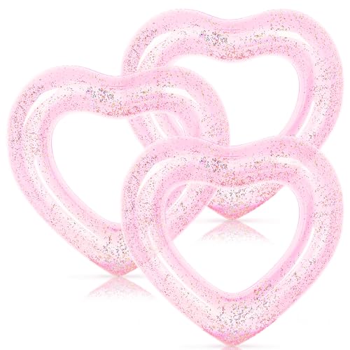 Whaline 3Pcs Inflatable Heart Pool Float with Glitter Inside Pink Swim Pool Rings Float Loungers Tube for Summer Pool Beach Bachelorette Party 473 x 394 Inch - Image 1