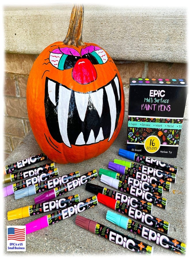 Epic Oil Based Paint Markers for Pumpkins - Permanent Opaque for Metal, Glass, Ceramic, Porcelain, Wood, Fabric, Canvas, Rubber - Medium Tip - 16 Popular Colors - Halloween Jack-O-Lantern - Image 1