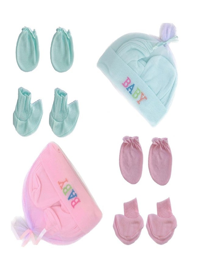Wavva® Supersoft Cotton Mittens, Booties & Cap Set for New Born Baby - Infant Mitten and Booties for 0 to 6 Months Boys & Girls (Pack of 2) (Plain), Multicolor - Image 1