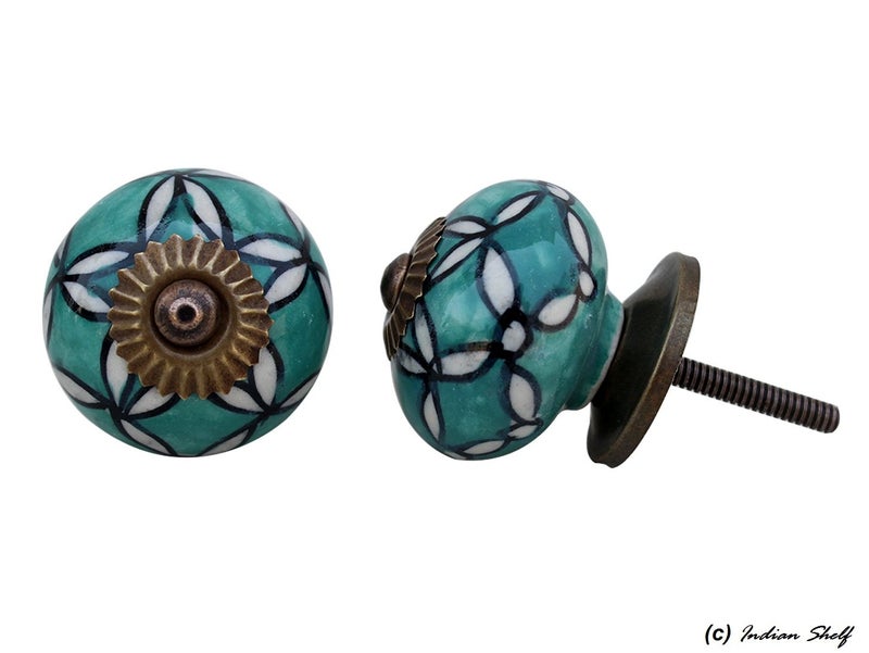 Indian-Shelf Pack of 10 Decorative Knob -Ceramic Drawer Pull- Green Wardrobe Knobs -Floral Kitchen Cabinet Knobs -Door Pulls- Dresser Handles - Image 2