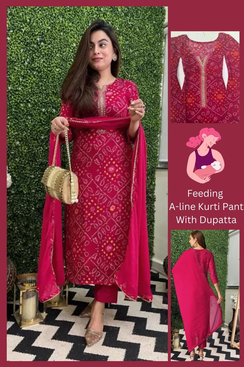 ASSUME FAB Women Maternity Kurta Set with Dupatta for Women | Nursing/Feeding Zip | Soft Rayon Ethnic Wear for Pregnancy & Postpartum(Large Pink - Image 5