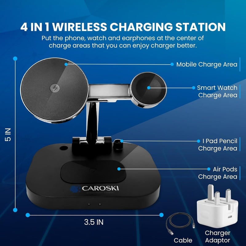 CAROSKI 4 in 1 Wireless Charging Station| Multi-Function Wireless Charger Stand | Foldable Wireless Charging Doc for Android | Portable Charger Station for Apple Watch, AirPods with 1-Year Warranty - Image 4