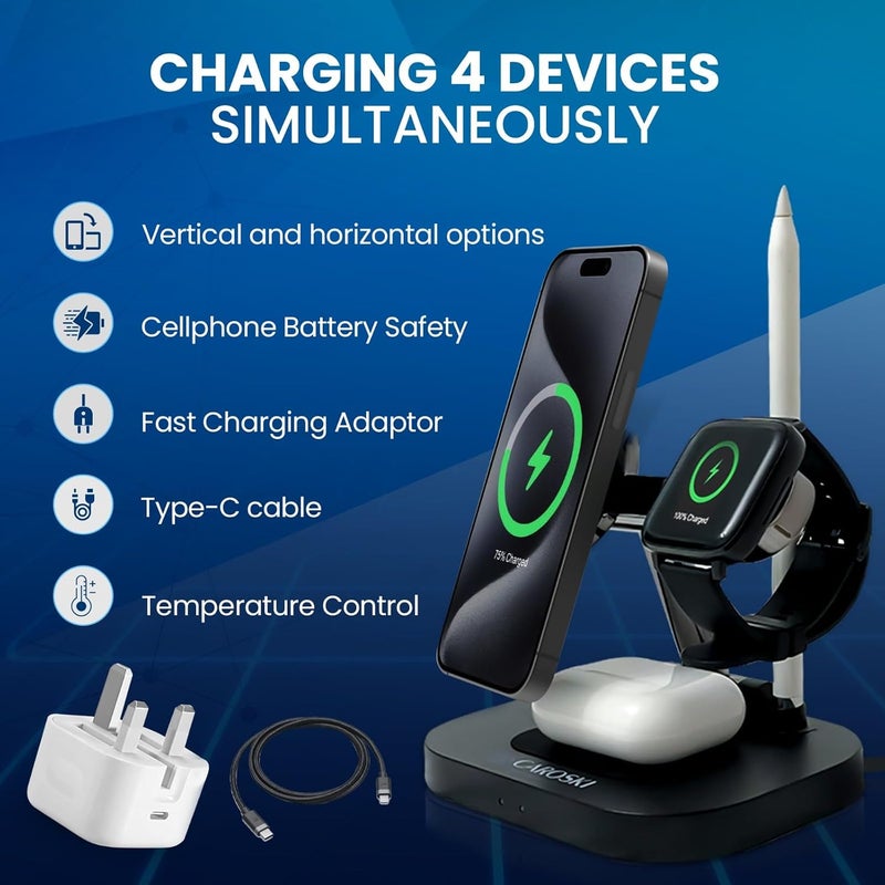 CAROSKI 4 in 1 Wireless Charging Station| Multi-Function Wireless Charger Stand | Foldable Wireless Charging Doc for Android | Portable Charger Station for Apple Watch, AirPods with 1-Year Warranty - Image 2