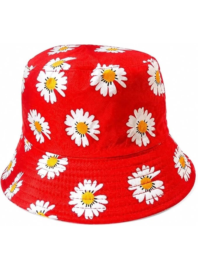 Daisy print bucket hat, yellow and red, size 56-58 cm, stylish for everyday wear