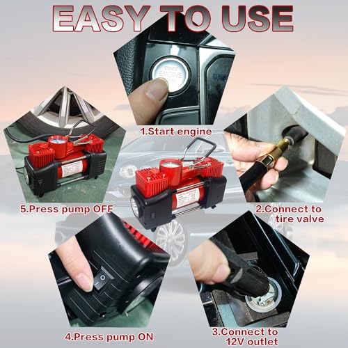 YUNGTEE Tire Inflator Heavy Duty Double Cylinders Direct Drive Inflation Pump,12V Portable Air Compressor Pump with Emergency LED Light - 150PSI Tire Pump,Apply to Car,SUV,RV - Image 4