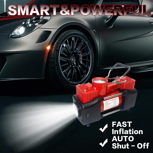 YUNGTEE Tire Inflator Heavy Duty Double Cylinders Direct Drive Inflation Pump,12V Portable Air Compressor Pump with Emergency LED Light - 150PSI Tire Pump,Apply to Car,SUV,RV - Image 3