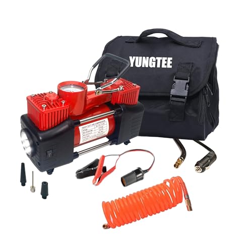 YUNGTEE Tire Inflator Heavy Duty Double Cylinders Direct Drive Inflation Pump,12V Portable Air Compressor Pump with Emergency LED Light - 150PSI Tire Pump,Apply to Car,SUV,RV - Image 1