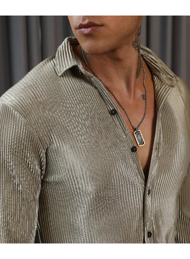 Campus Sutra Men's Sage Green Pleat-Creased Shirt For Casual Wear | Spread Collar | Long Sleeve | Button Closure | Shirt Crafted With Comfort Fit For Everyday Wear