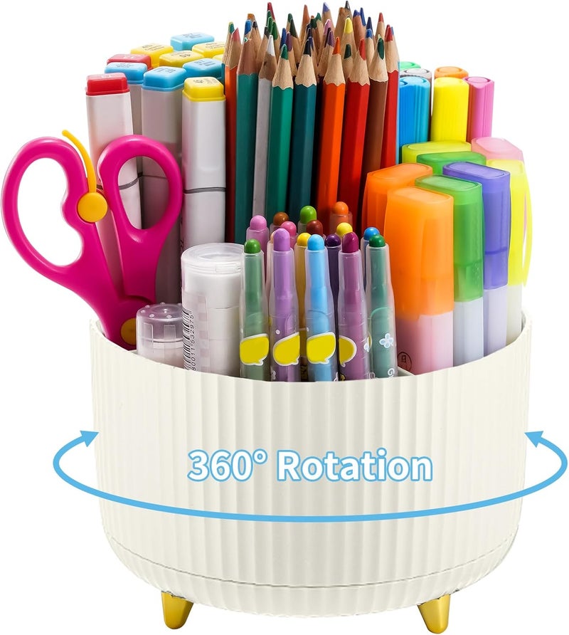 ماربراس منظم مكتب ماربراس، حامل أقلام دوار 360 درجة، منظم أقلام بـ 5 حجرات، صندوق تخزين لوازم الفنون للمكتب والمنزل (عاجي) - Image 1