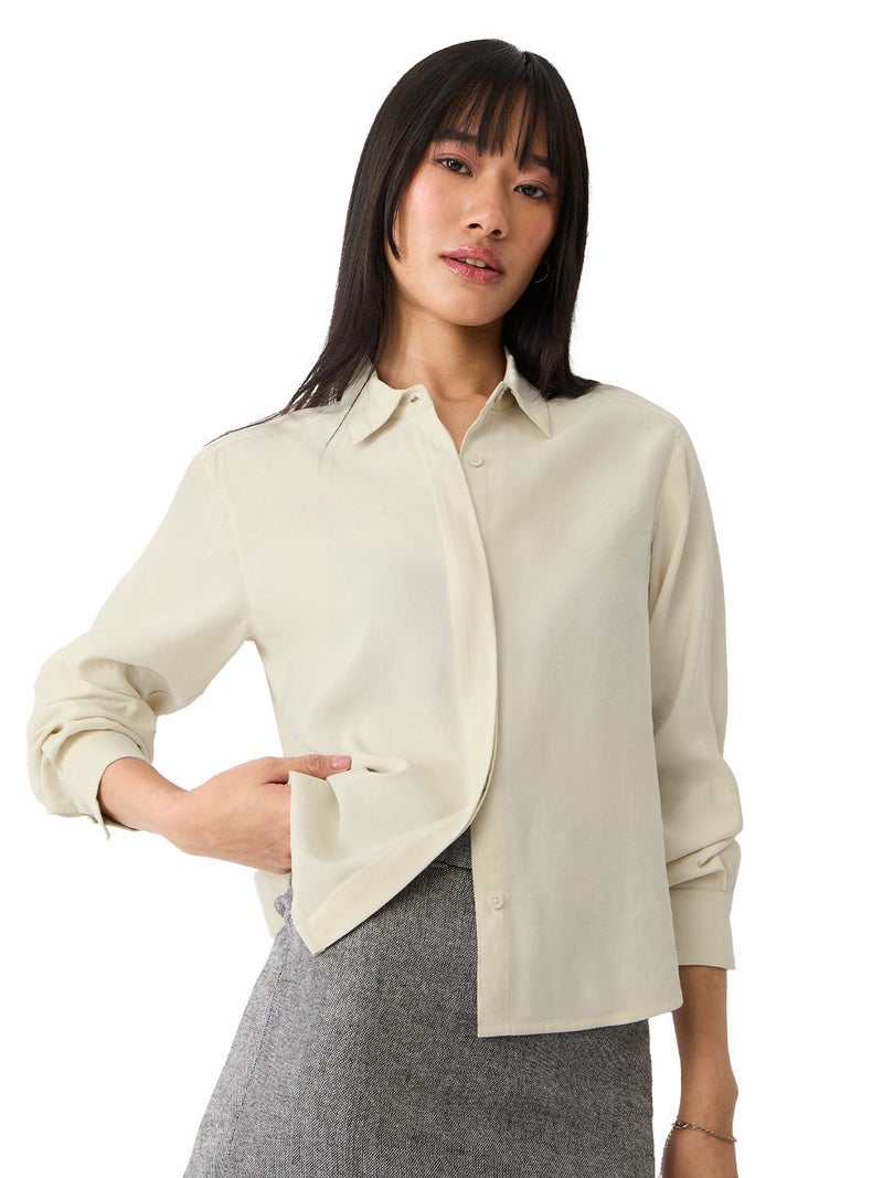 The Souled Store Signature Solids: Creme Women and Girls Full Sleeves Spread Collar Cream Solid Viscose Polyester Blend Regular Fit Lightweight All-Season Shirt - Image 1