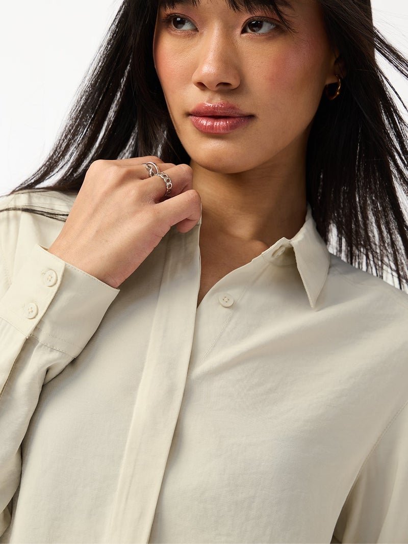 The Souled Store Signature Solids: Creme Women and Girls Full Sleeves Spread Collar Cream Solid Viscose Polyester Blend Regular Fit Lightweight All-Season Shirt - Image 4