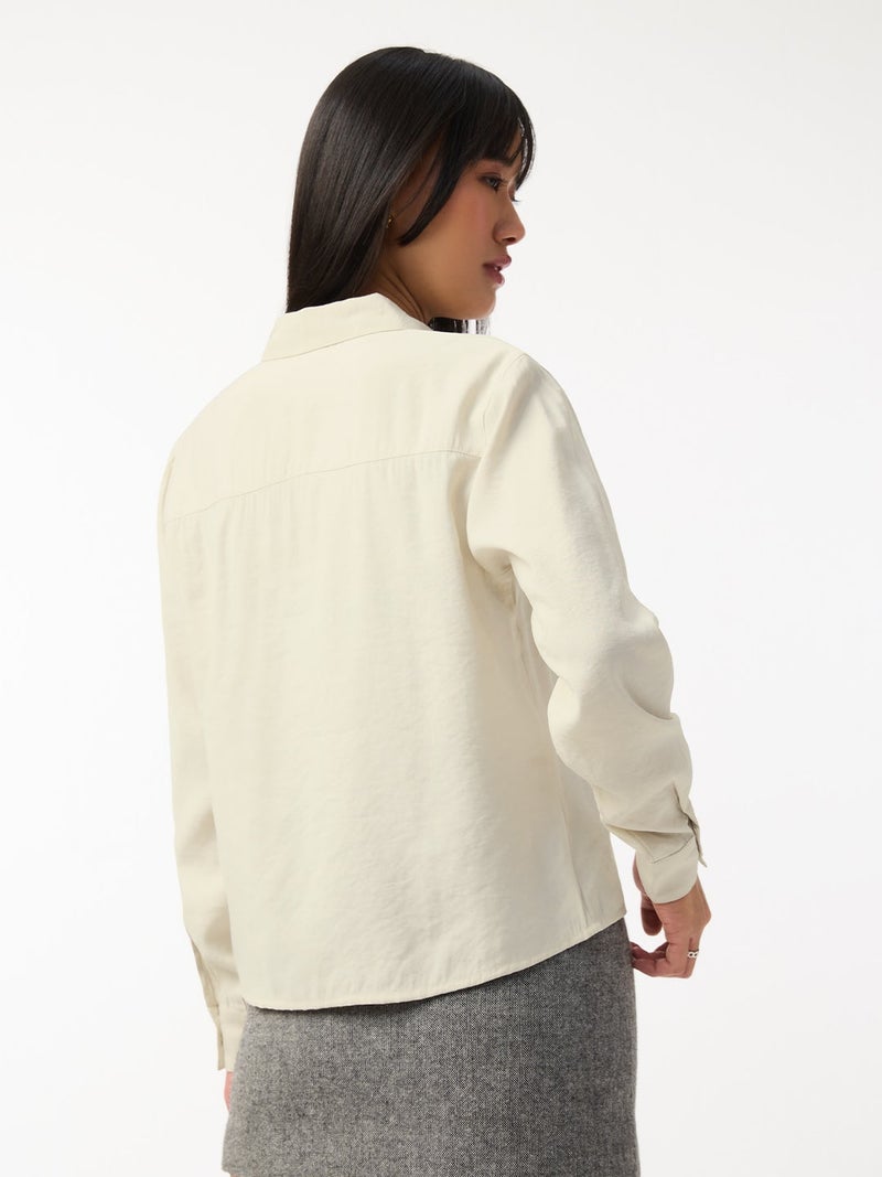 The Souled Store Signature Solids: Creme Women and Girls Full Sleeves Spread Collar Cream Solid Viscose Polyester Blend Regular Fit Lightweight All-Season Shirt - Image 3