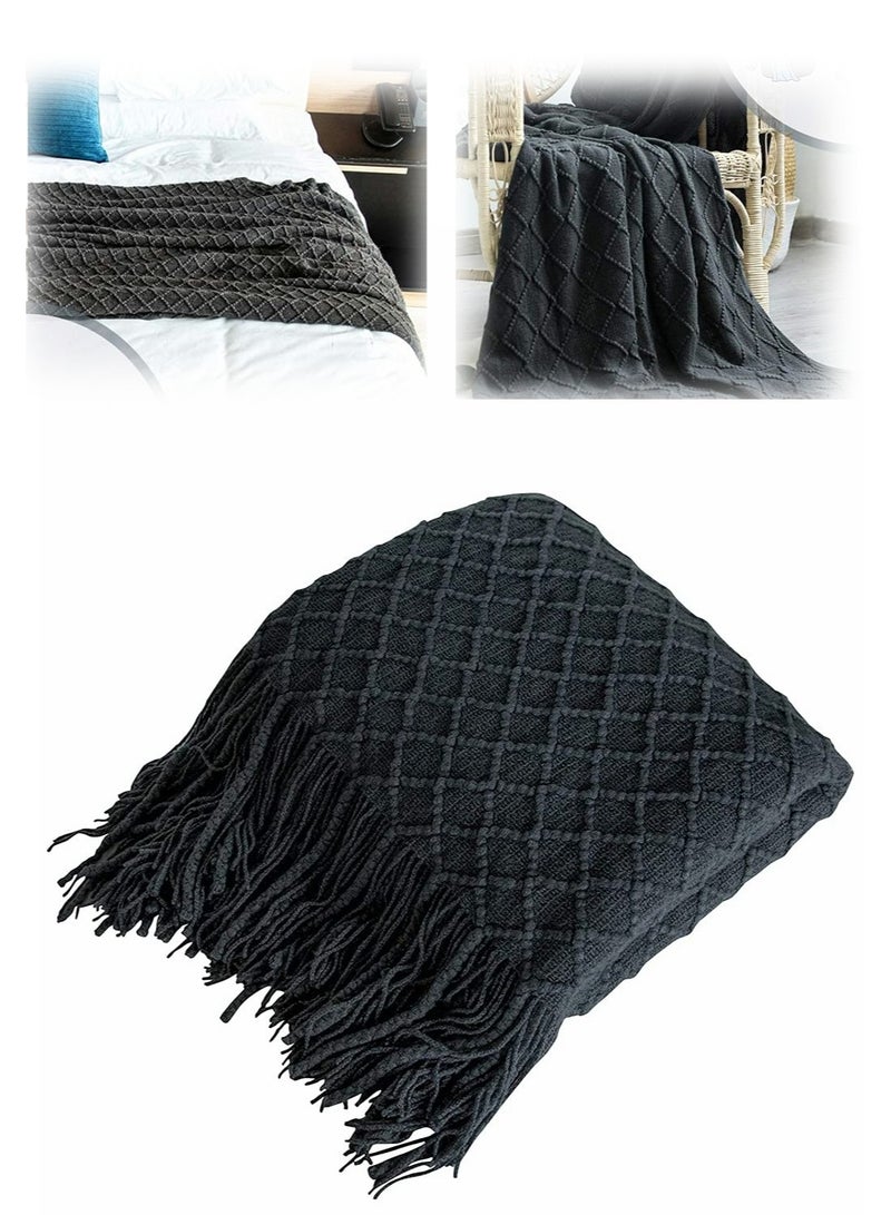 Zikra Acrylic Knitted Throw Blanket Lightweight and Soft Cozy Decorative Woven Blanket with Tassels for Travel Couch Bed Sofa Available All Year Round 51 x 67 Inch Dark Grey - Image 1