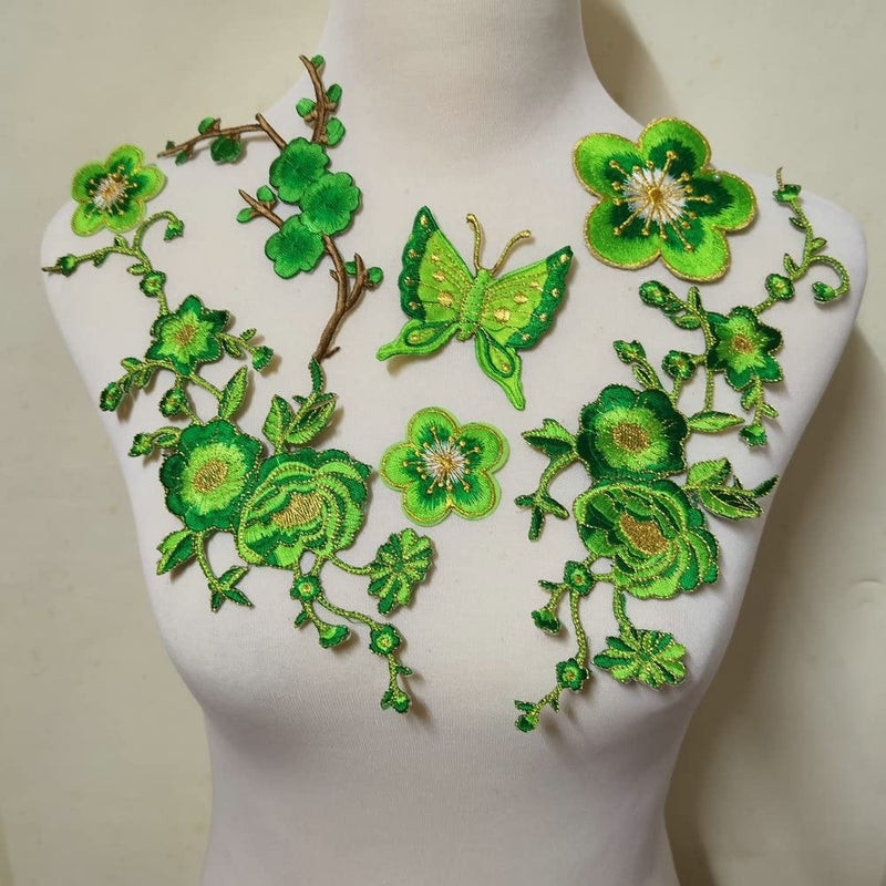 ZALALAA 7pcs Big Flower Iron on Embroidered Appliques Patch Embroidered Lace Fabric Ribbon Trim Neckline Collar Green - Image 3