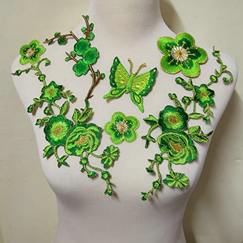 ZALALAA 7pcs Big Flower Iron on Embroidered Appliques Patch Embroidered Lace Fabric Ribbon Trim Neckline Collar Green - Image 1