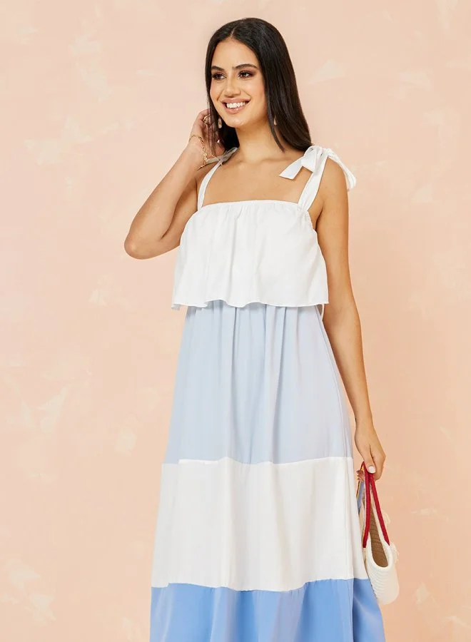Styli Tie Shoulder Strap Colorblock Tiered Midi Dress