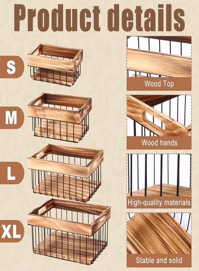 Fiwochic 4 Pack Metal Wire Storage Basket, Multiple Sizes Basket with Handles Wooden Top and Bottom Containers Organizer Rustic Farmhouse Decor for Kitchen Cabinets, Bathroom, Pantry, Laundry Room - Image 3