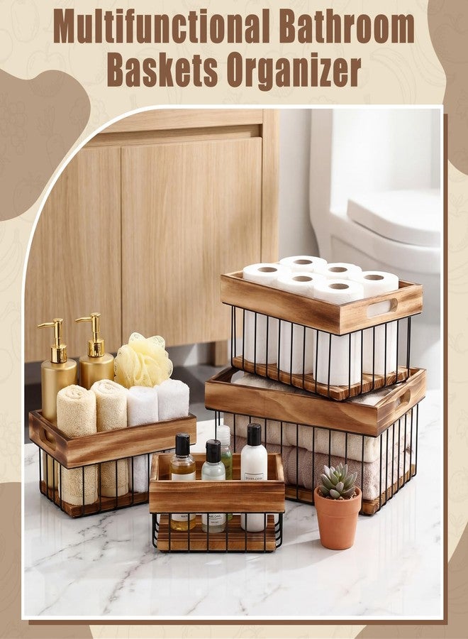Fiwochic 4 Pack Metal Wire Storage Basket, Multiple Sizes Basket with Handles Wooden Top and Bottom Containers Organizer Rustic Farmhouse Decor for Kitchen Cabinets, Bathroom, Pantry, Laundry Room - Image 4