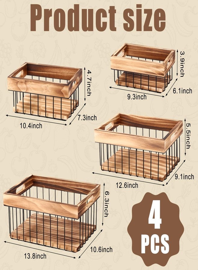 Fiwochic 4 Pack Metal Wire Storage Basket, Multiple Sizes Basket with Handles Wooden Top and Bottom Containers Organizer Rustic Farmhouse Decor for Kitchen Cabinets, Bathroom, Pantry, Laundry Room - Image 2