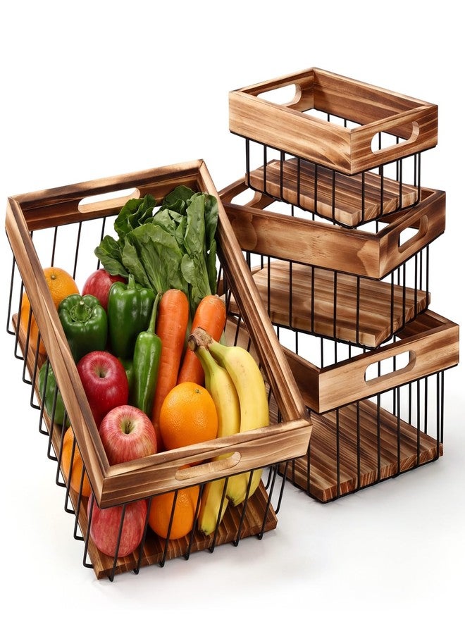 Fiwochic 4 Pack Metal Wire Storage Basket, Multiple Sizes Basket with Handles Wooden Top and Bottom Containers Organizer Rustic Farmhouse Decor for Kitchen Cabinets, Bathroom, Pantry, Laundry Room - Image 1