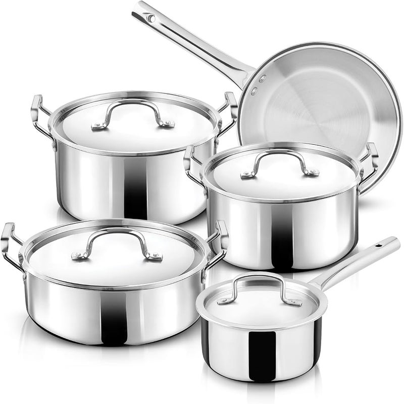 Bergner Triply Stainless Steel 9-Piece Cookware Set Saucepan 16cm, Casseroles 24cm & 28cm, Large Cooking Pot 28cm, Frypan 24cm & 4 Lids Induction & Gas Compatible, Healthy Low-Oil Cooking Pan Set