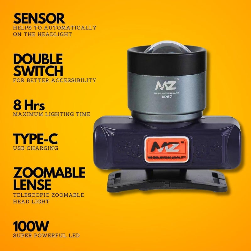 Mz M957 (مصباح رأس LED قابل لإعادة الشحن) عدسة قابلة للتكبير بقوة 100 واط مع بطارية 2400 مللي أمبير و 6 ساعات عمل - Image 3