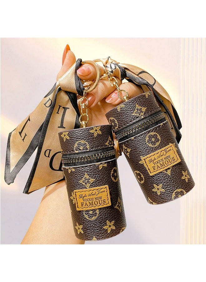 منظم حقائب مستحضرات التجميل من الجلد وشاح حريري ، حقيبة محمولة لأحمر الشفاه مع سلسلة مفاتيح ، حامل حقيبة تخزين المكياج لمحفظة ملمع الأظافر والعطور (بني) - Image 4