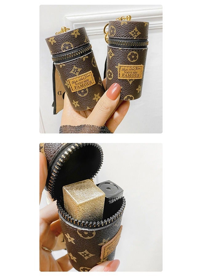 منظم حقائب مستحضرات التجميل من الجلد وشاح حريري ، حقيبة محمولة لأحمر الشفاه مع سلسلة مفاتيح ، حامل حقيبة تخزين المكياج لمحفظة ملمع الأظافر والعطور (بني) - Image 5