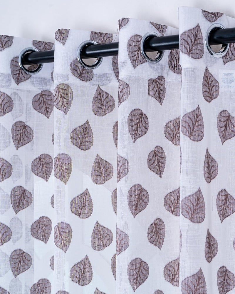 Parda Online Premium Linen Embroidered Curtain with Brown Leaf Design - 5ft (Pack of 2) - Image 1
