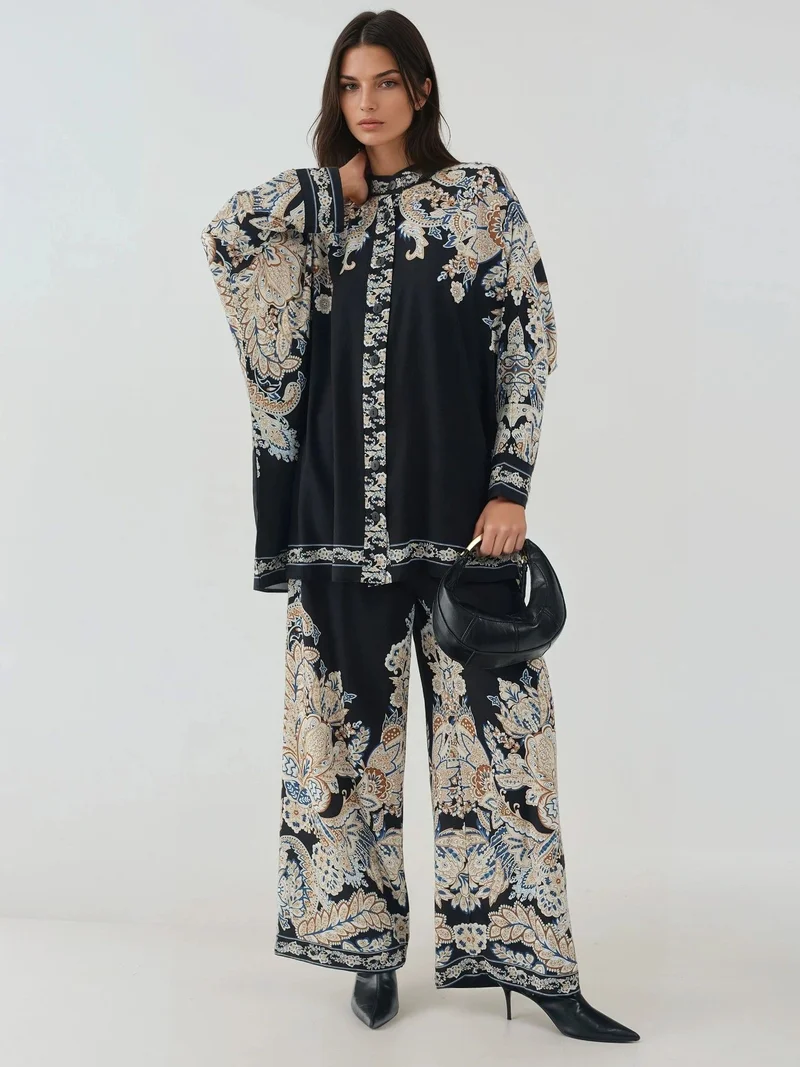 Printed High Waist Kimono-Pants Co-ord Set