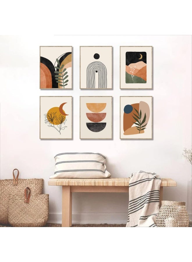 Home Trove HOME TROVE Boho Wall Art Prints – Set of 6 Framed Mid-Century Modern Abstract Canvas Paintings, 8x12 Inch – Sun, Moon, Mountain, Palm, Monstera – Bedroom & Living Room Decor  - Image 1
