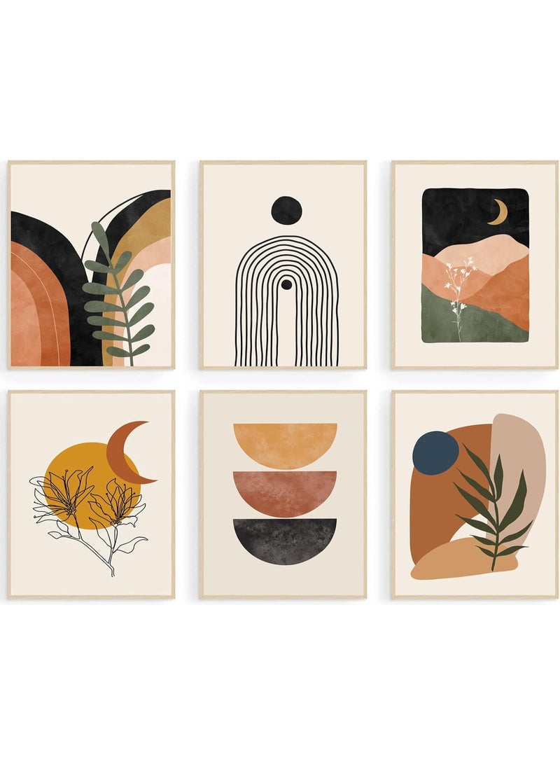 Home Trove HOME TROVE Boho Wall Art Prints – Set of 6 Framed Mid-Century Modern Abstract Canvas Paintings, 8x12 Inch – Sun, Moon, Mountain, Palm, Monstera – Bedroom & Living Room Decor  - Image 3