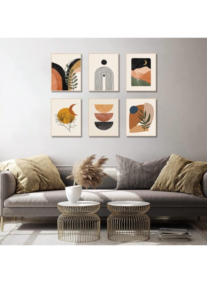 Home Trove HOME TROVE Boho Wall Art Prints – Set of 6 Framed Mid-Century Modern Abstract Canvas Paintings, 8x12 Inch – Sun, Moon, Mountain, Palm, Monstera – Bedroom & Living Room Decor  - Image 2