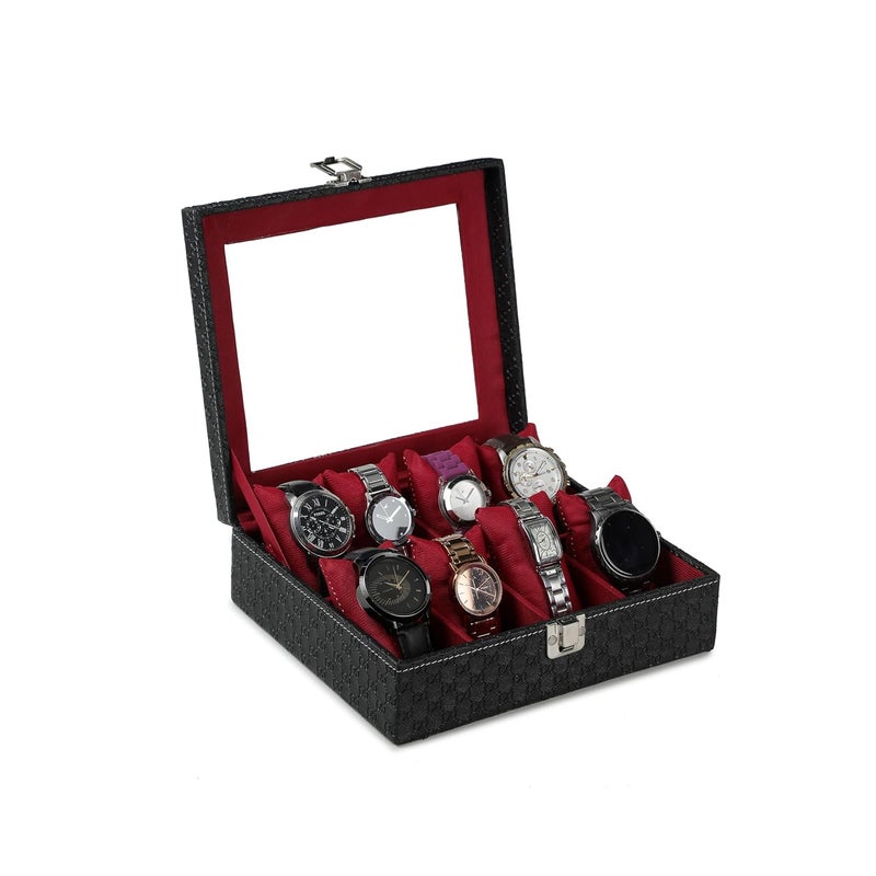 Unisex 10 Slots Watch Organiser Box Black and Maroon