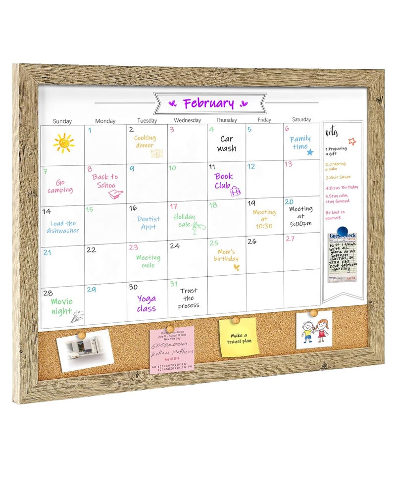 TORASO Dry Erase Calendar Whiteboard for Wall, Small Combination Magnetic Dry Erase White Board & Bulletin Board, 13" x 17" Rustic Brown Frame Calendar/Cork Combo Board(RB-3343) - Image 1
