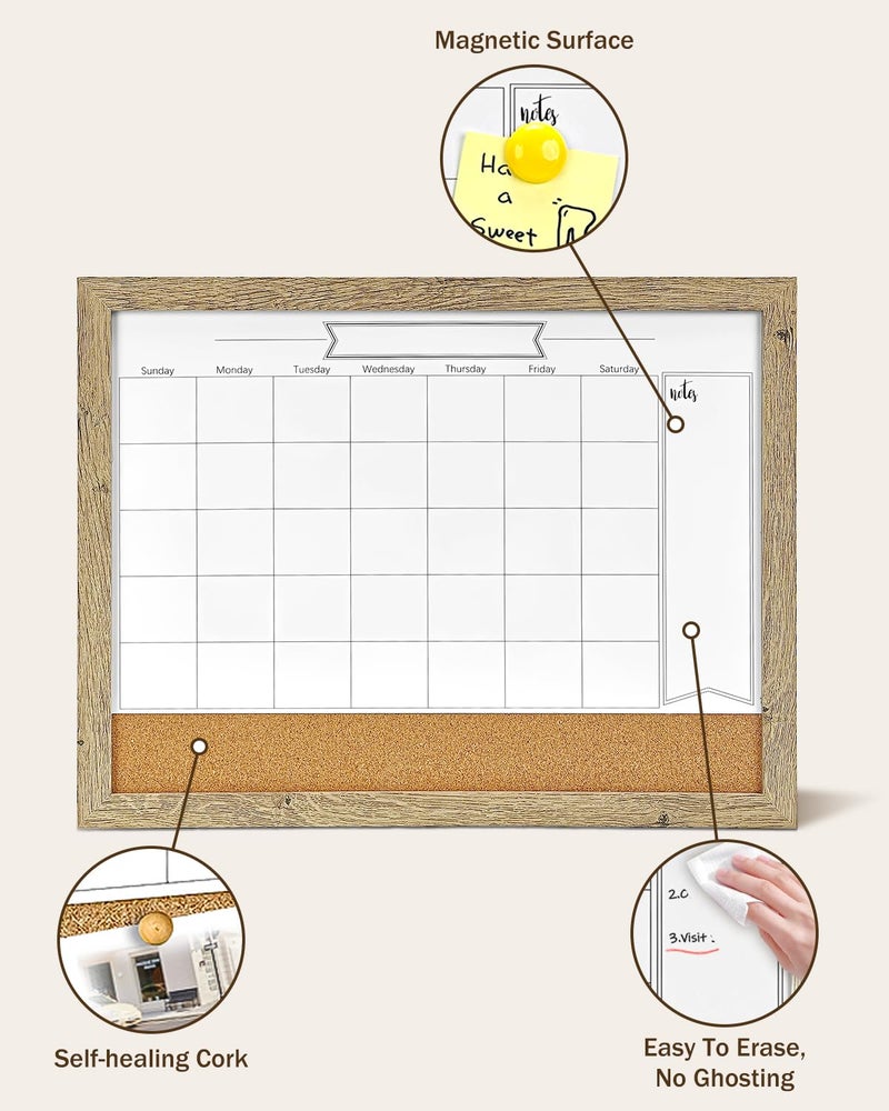 TORASO Dry Erase Calendar Whiteboard for Wall, Small Combination Magnetic Dry Erase White Board & Bulletin Board, 13" x 17" Rustic Brown Frame Calendar/Cork Combo Board(RB-3343) - Image 3